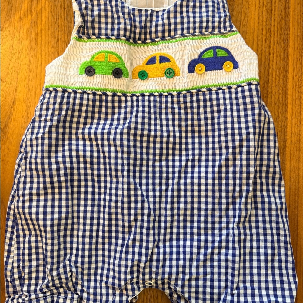 Blue Checkered romper with embroidered Car Design
